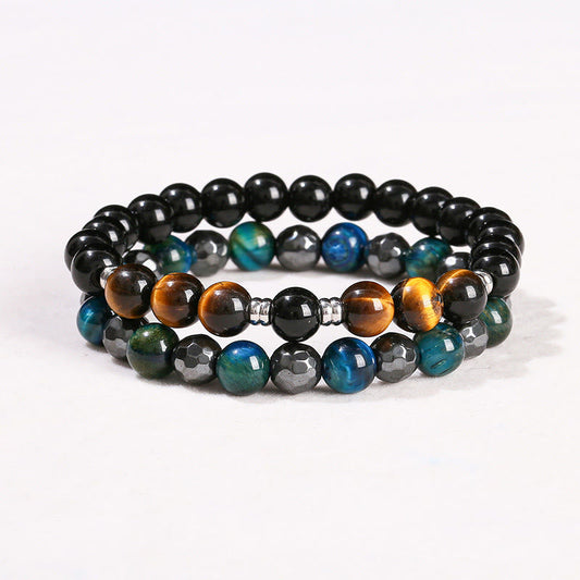 8mm Hematite Blue Tiger Eye Bracelet Set - Protection Design