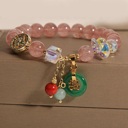 8mm Strawberry Quartz Jade Fu Blessing Healing Bracelet