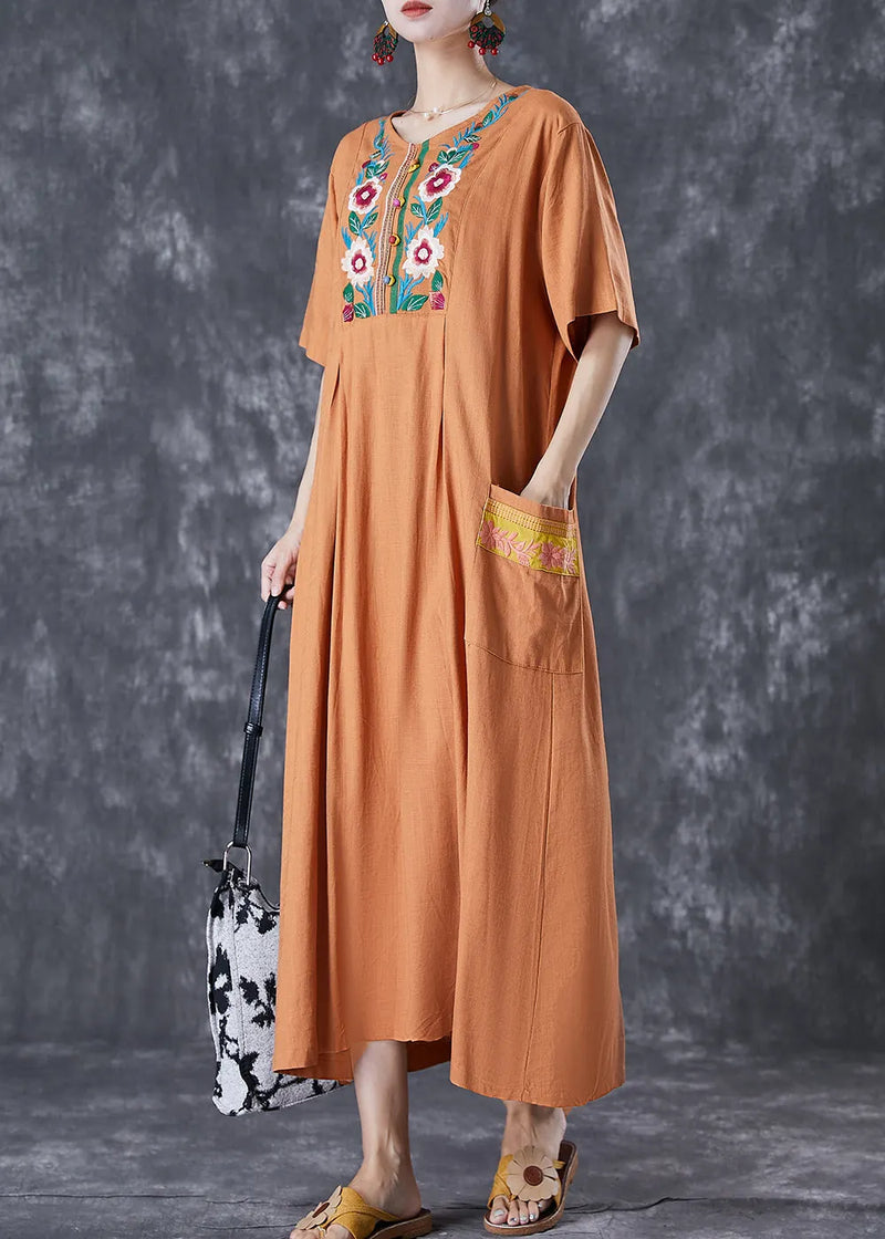 Khaki Embroidered Linen Maxi Dress Summer