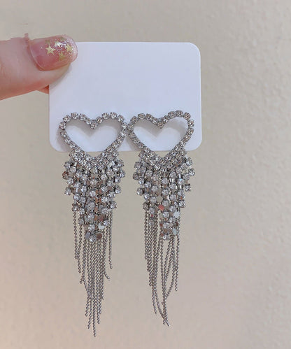 Silk Sterling Silver Zircon Love Tassel Drop Earrings