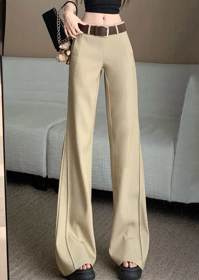 Khaki Pockets Patchwork High Waist Wide Leg Pants Spring