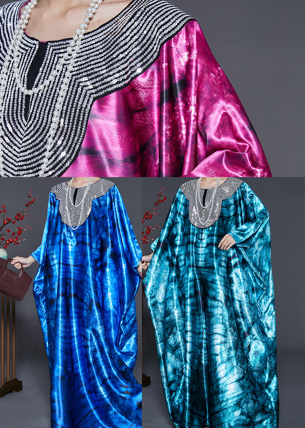 Green Oversized Tie Dye Silk Dress Batwing Sleeve