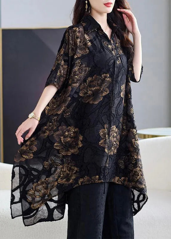 Black Asymmetrical Print Chiffon Cardigans Summer