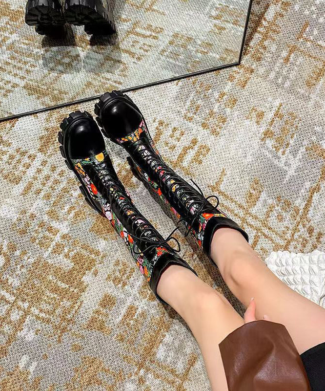 Black Embossed Splicing Platform Boots Lace Up