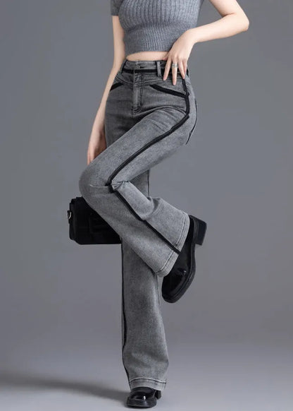Grey Silm Fit Patchwork Denim Bell-bottom Trousers Spring