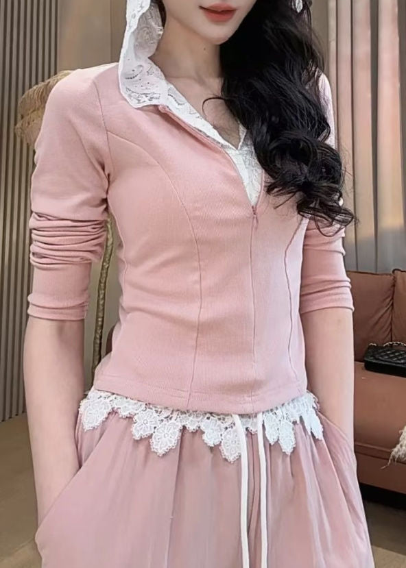 Pink Fake Two Pieces Hooded Sweatshirt and Wide Leg Pants Two Pieces Set Spring