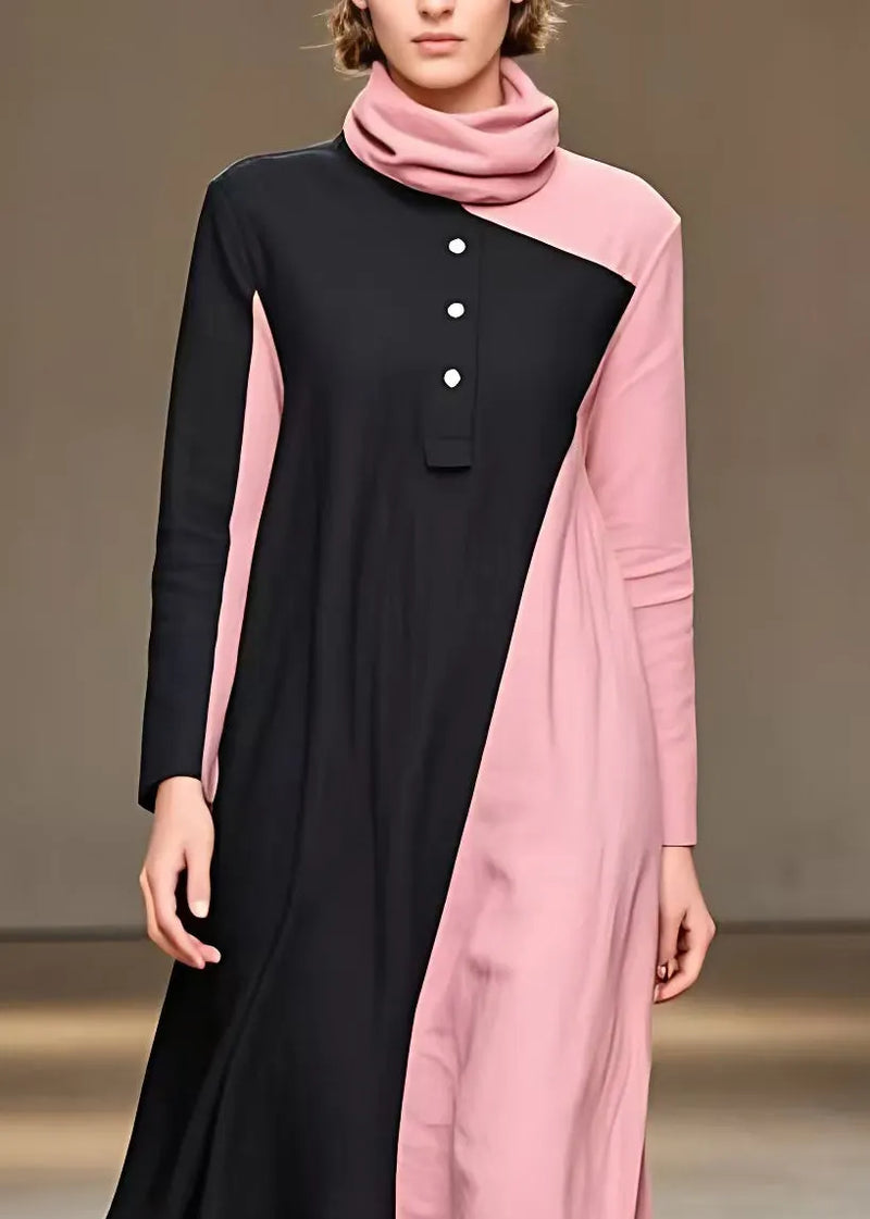 Colorblock Turtleneck Patchwork Button Long Dress Fall