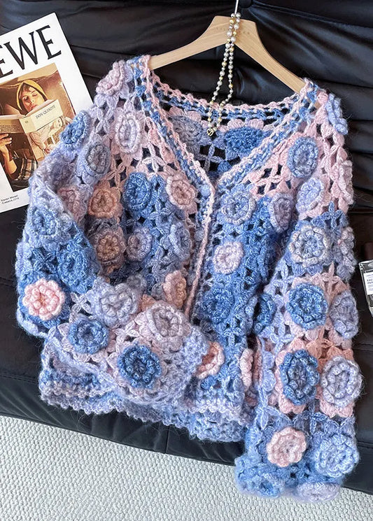 Style Gradient Color Hollow Out Decorated Knit Cardigans Fall