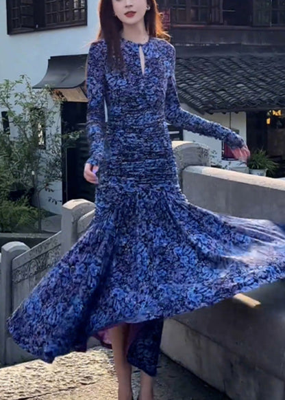 Slim Fit Blue O-neck Print Wrinkled Holiday Maxi Dress Spring