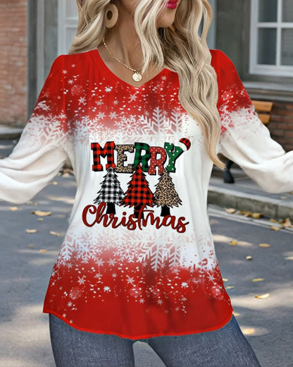V-Neck Christmas Tree Print Long-Sleeve