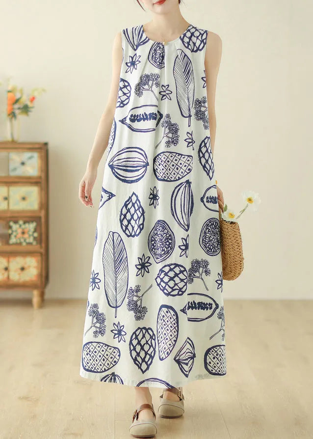 Classy Beige O-neck Print Holiday Long Dress Summer