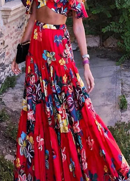 Red V Neck Print Cotton Long Dresses Summer