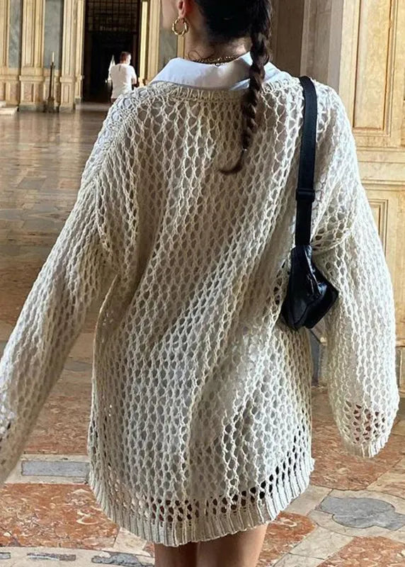Loose Beige Hollow Out Knit Sweater Summer