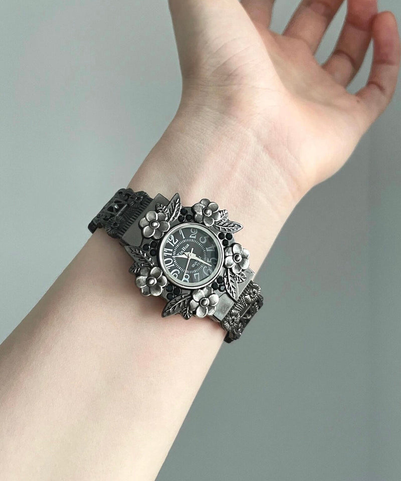 Black Alloy Relief Flowers Watches