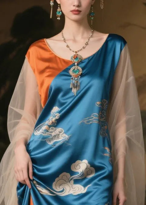 French Colorblock Asymmetrical Patchwork Tulle Silk Maxi Dress Summer