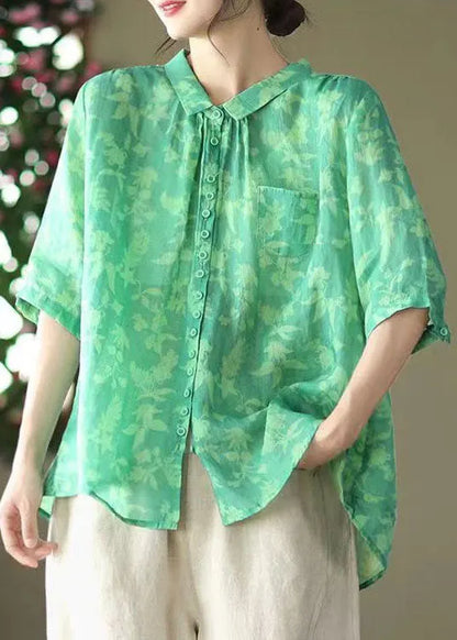 Green Peter Pan Collar Patchwork Linen Blouses Summer