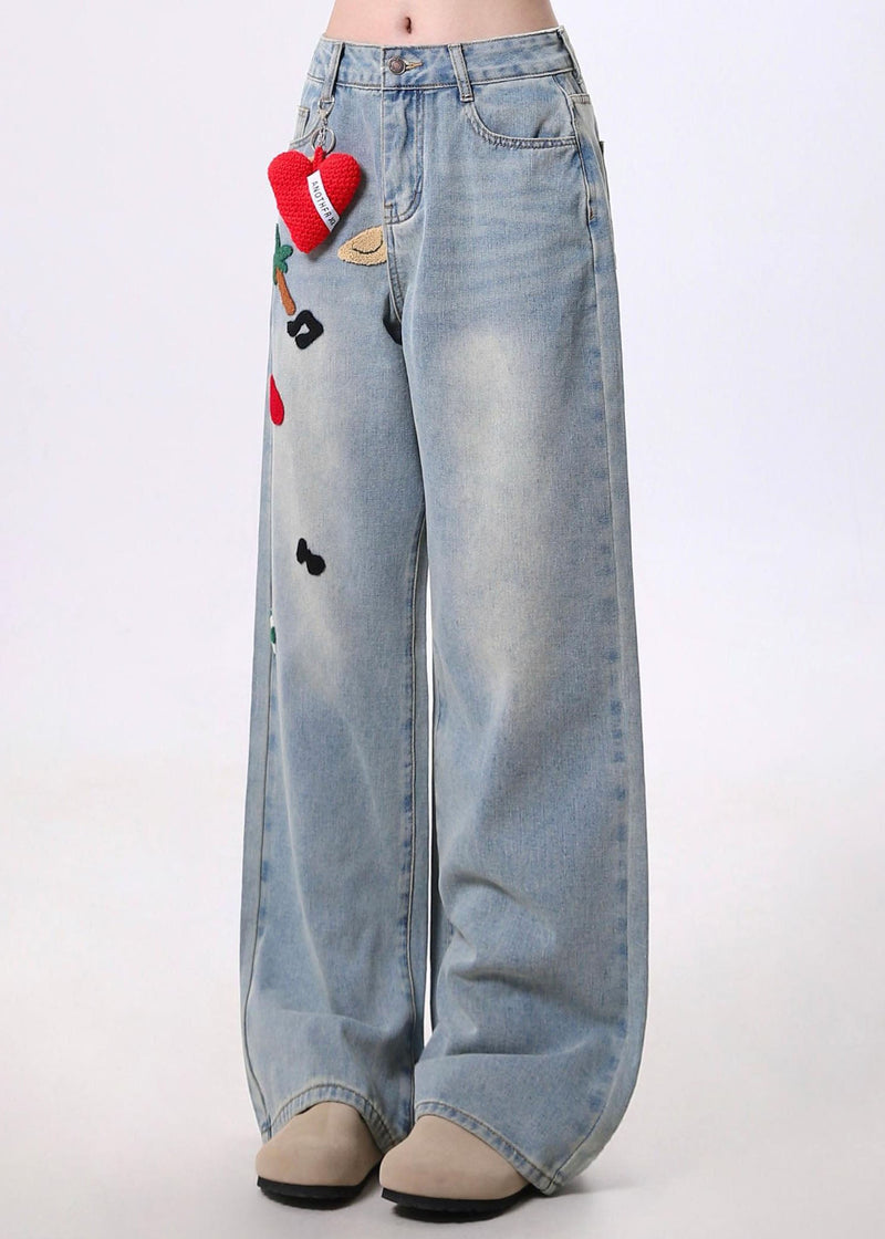 Blue Embroidered Pockets Denim Pants Spring