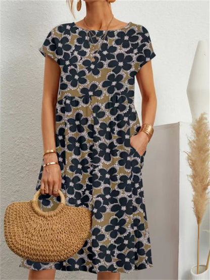 New Loose Cotton and Linen Sleeveless Round Neck Printed A-line Skirt