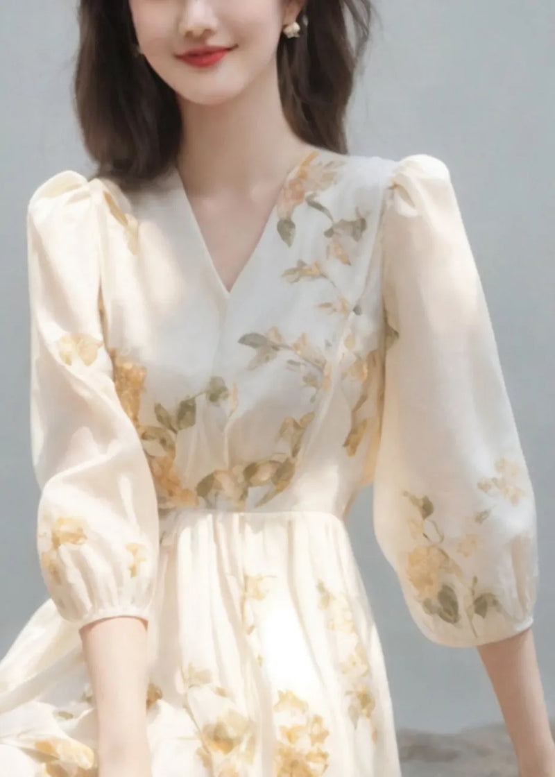 Art Beige V Neck High Waist Chiffon Dress Bracelet Sleeve