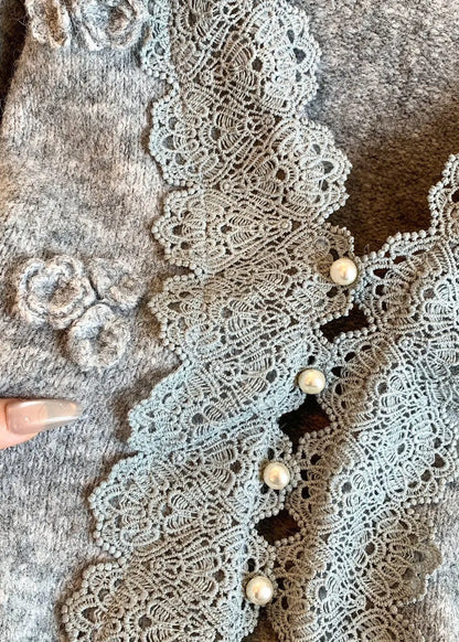 Art Grey V Neck Lace Patchwork Knit Coats Winter