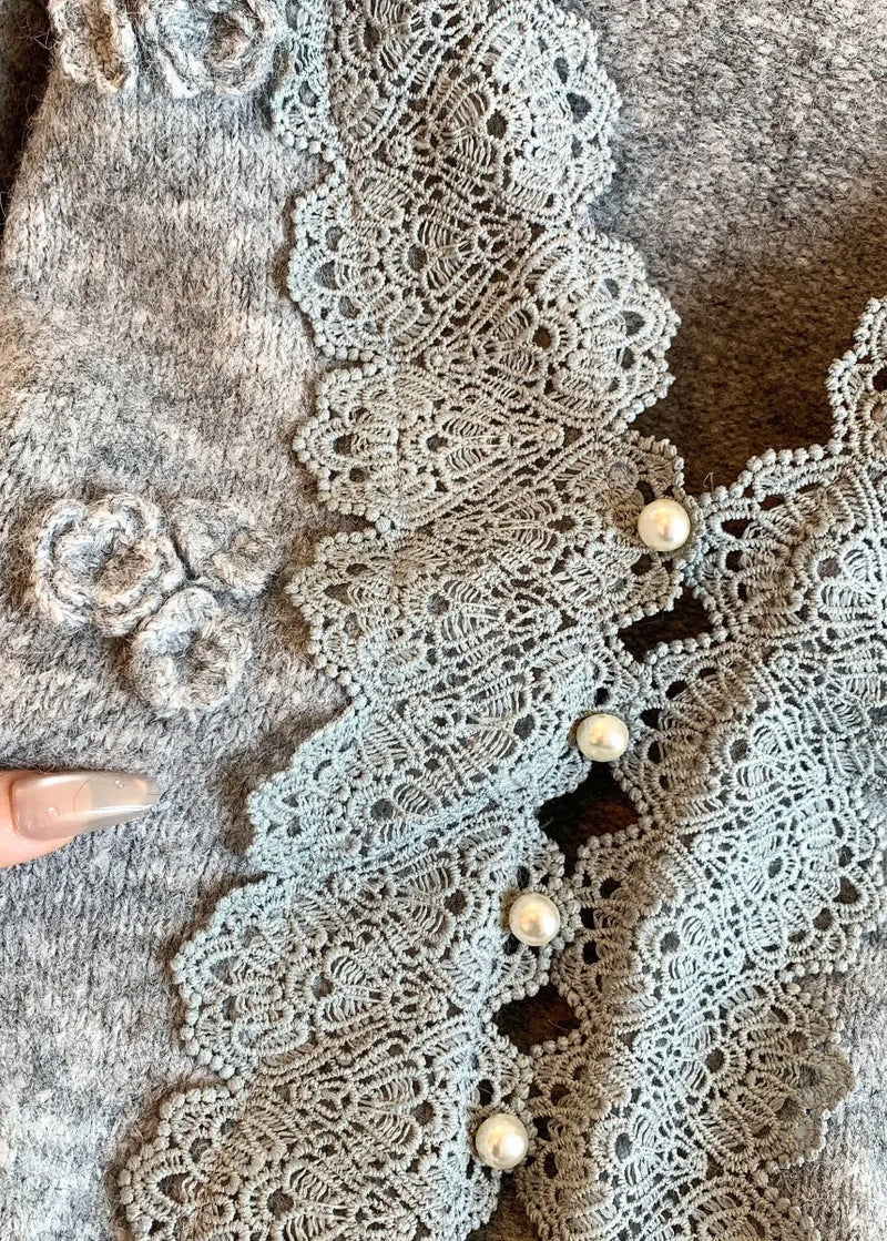 Art Grey V Neck Lace Patchwork Knit Coats Winter