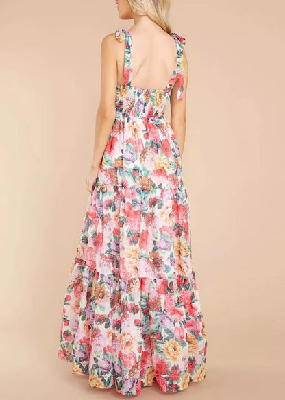 Pink Print Wrinkled Lace Up Patchwork Cotton Dress Summer
