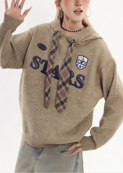 Coffee Hooded Embroidered Knit Sweatshirt Winter