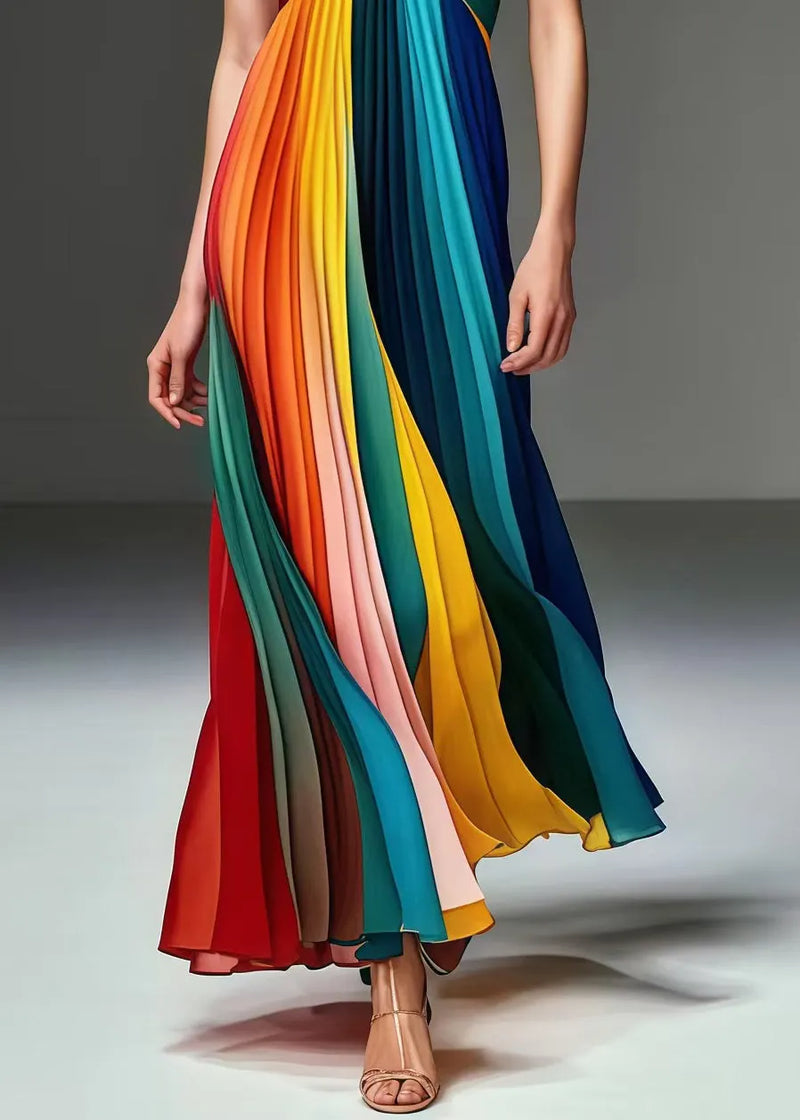French Multicolor Bustier Top Chiffon Strapless Pleated Dresses Summer