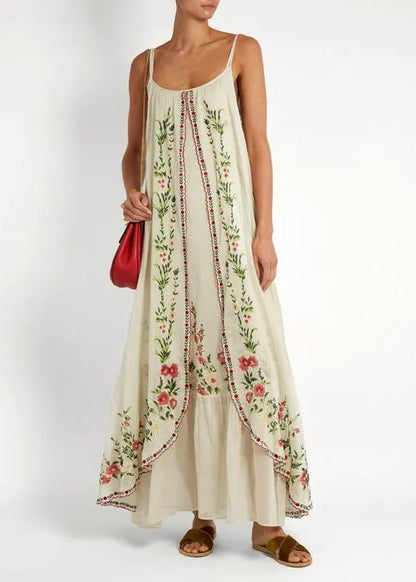 Italian Beige Print Patchwork Cotton Spaghetti Strap Dress Summer