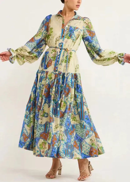 French Blue Print Tie Waist Silk Cotton Shirts Dresses Flare Sleeve