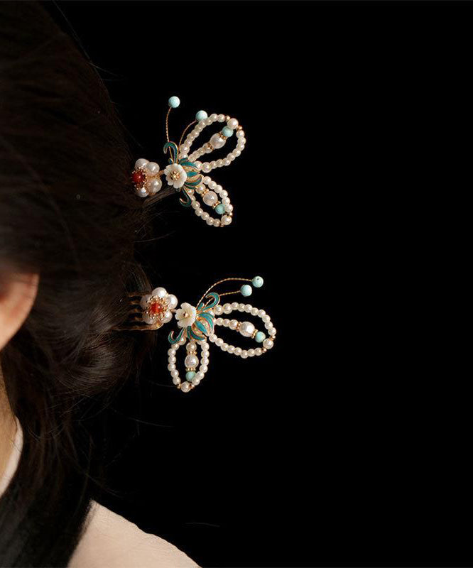 Colorblock Copper Pearl Crystal Cloisonne Butterfly Hairpin