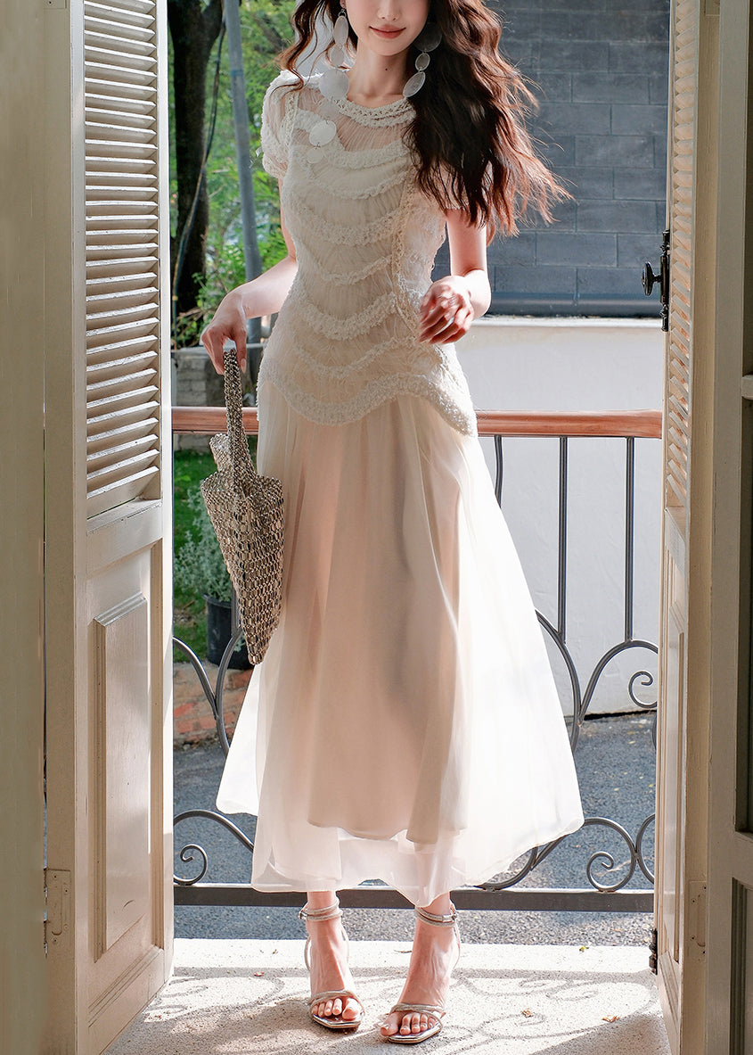Slim Fit Beige Original Design Tulle Long Dress Summer
