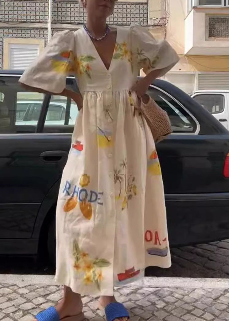 Unique White V Neck Print Button Cotton Long Dresses Summer