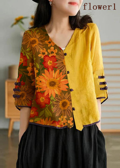 Yellow Ramie Cardigan Embroidered Shirt