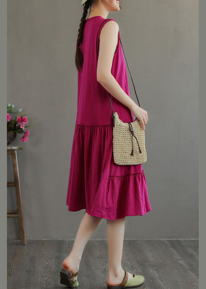 Unique Rose O-neck Wrinkled Cotton Maxi Dresses Sleeveless