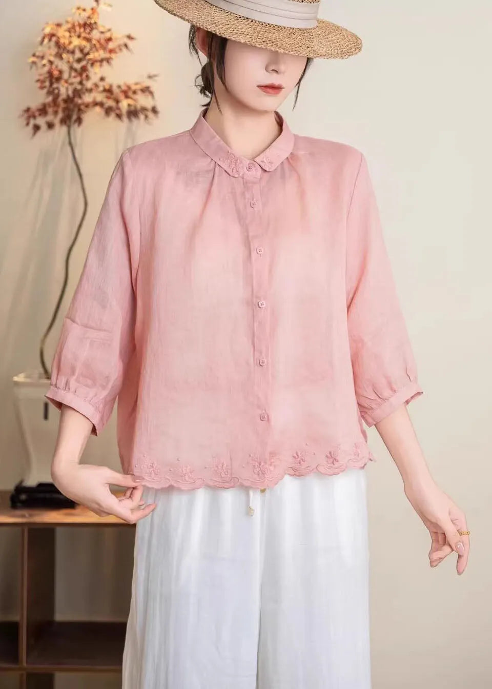 New Navy Peter Pan Collar Embroidered Linen Shirt Tops Summer