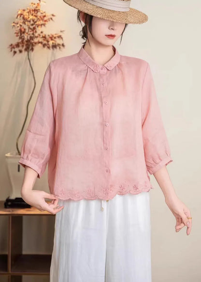 New Navy Peter Pan Collar Embroidered Linen Shirt Tops Summer