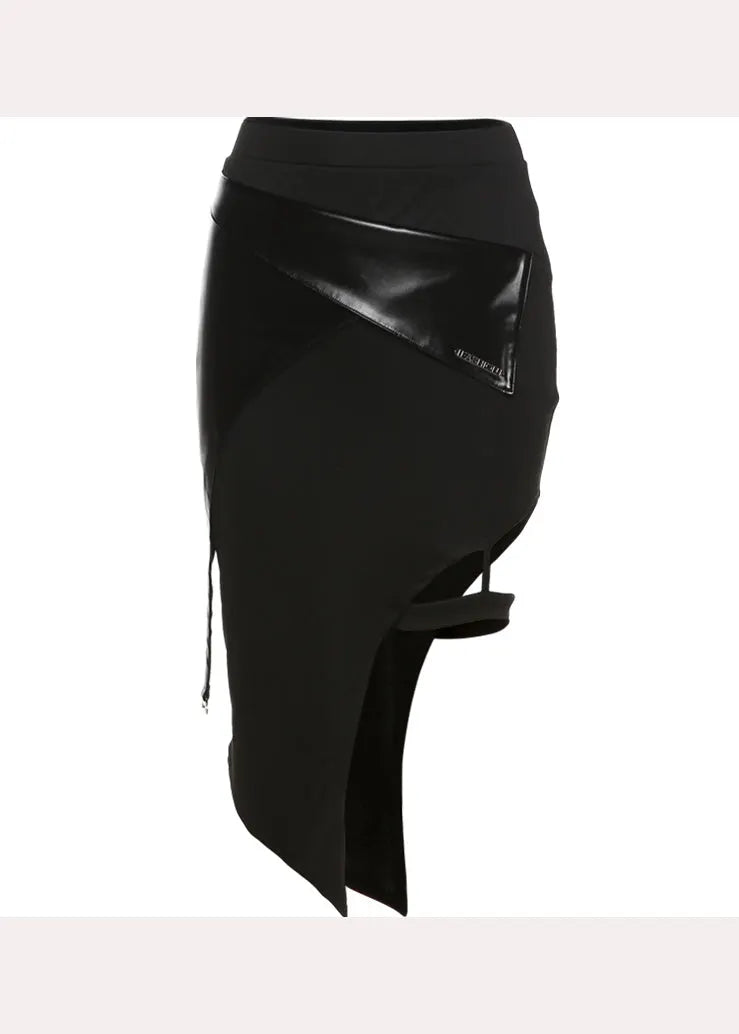 Black Asymmetrical Patchwork Faux Leather Skirts Summer