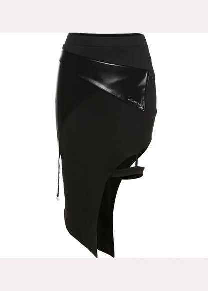 Black Asymmetrical Patchwork Faux Leather Skirts Summer