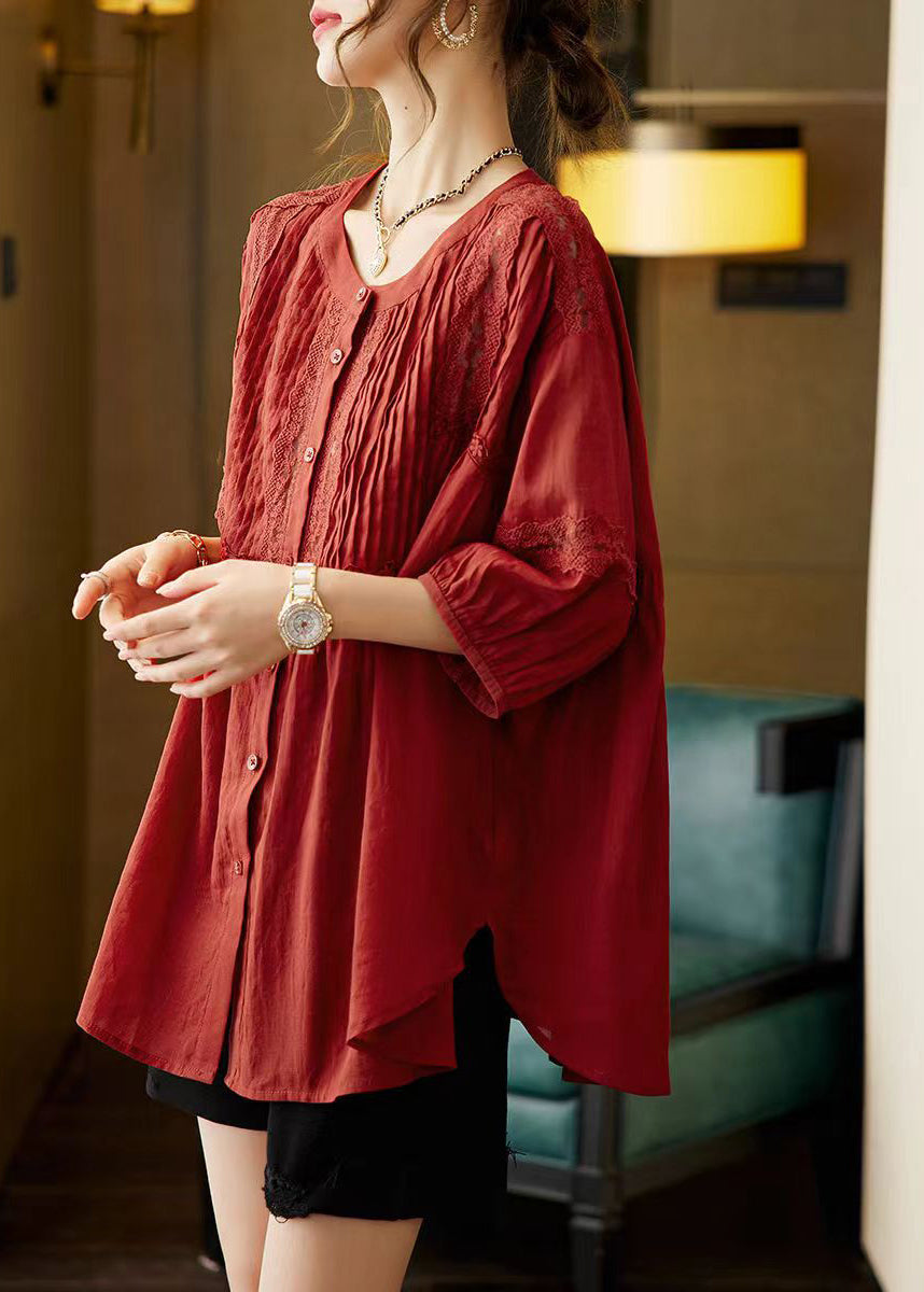 Mulberry O-neck Patchwork Wrinkled Shirts Bracelet Sleeve