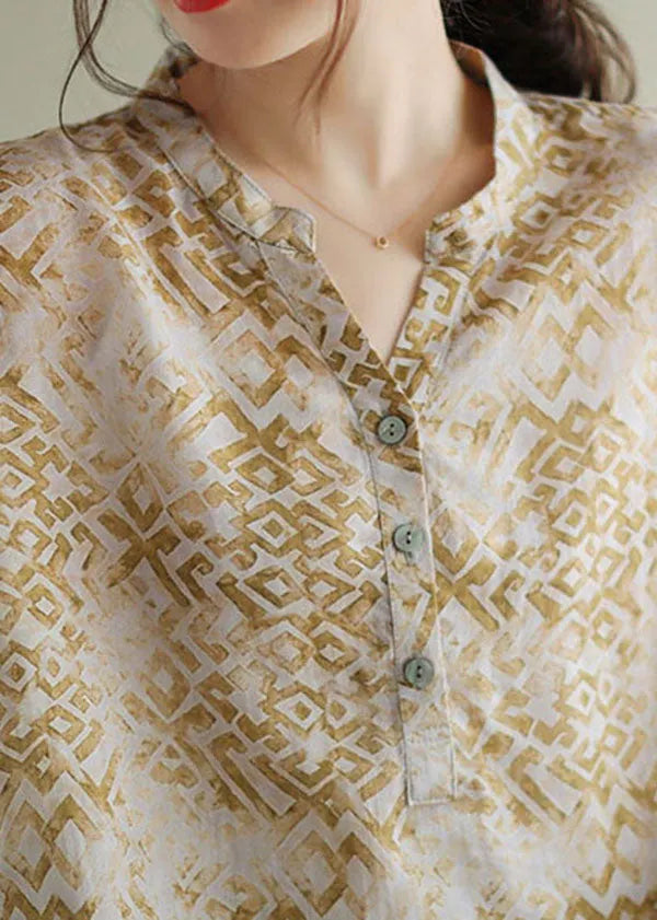 Beige V Neck Print Patchwork Linen T Shirt Top Summer