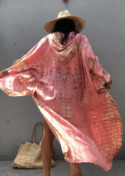 Pink Hooded Print Cotton Loose Cardigan Summer
