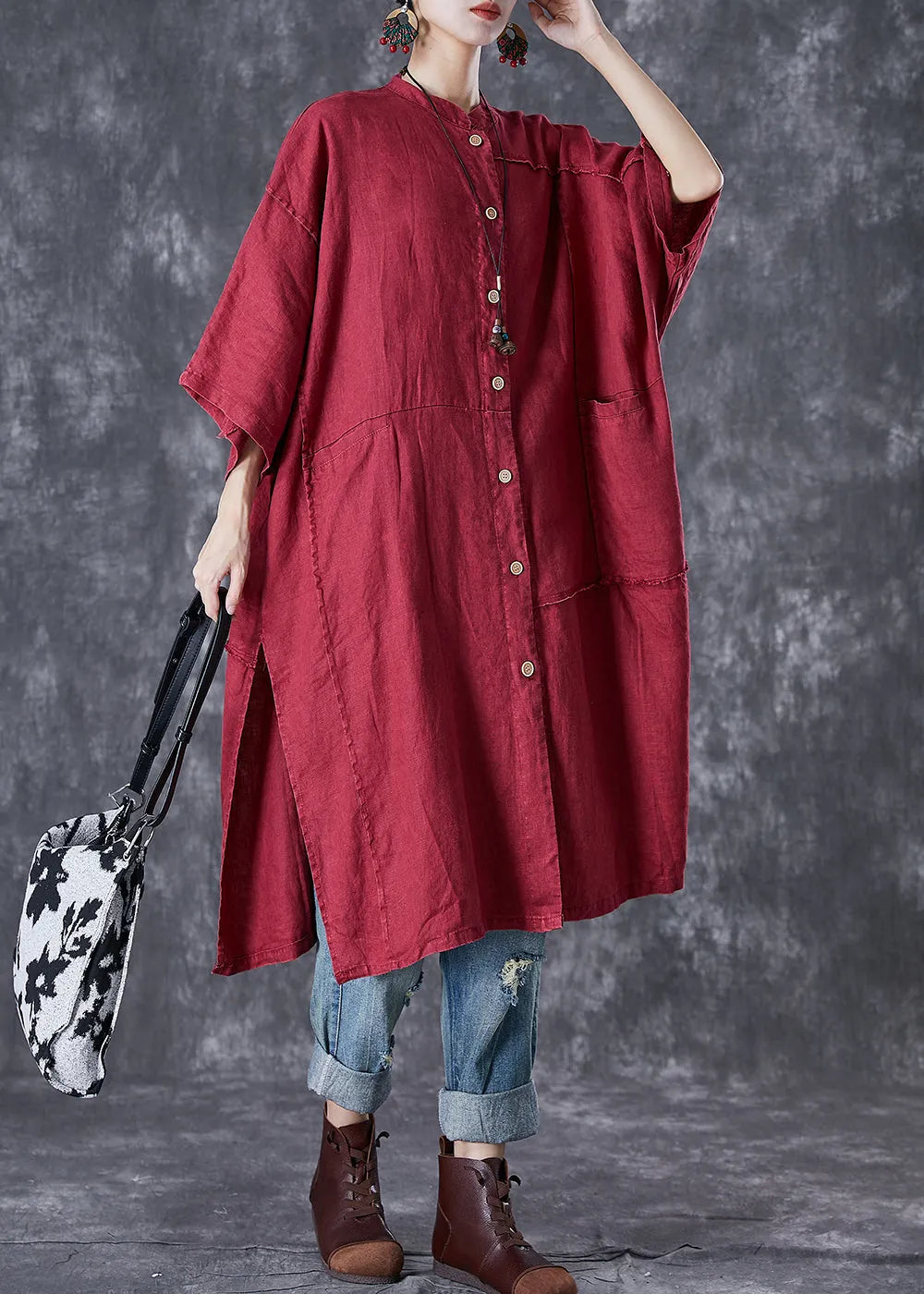 Mulberry Oversized Patchwork Side Open Linen Long Cardigan Summer