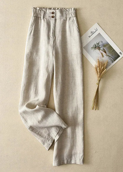 Grey-dot High Waist Button Linen Straigh Pants Summer