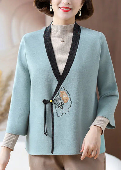 Fine Blue V Neck Print Knit Cardigans Fall