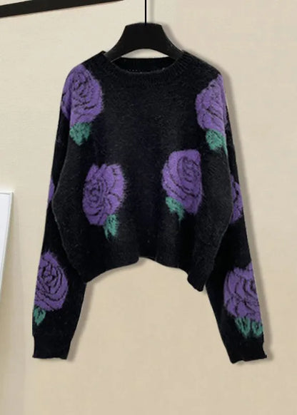 Black Print O-neck Cotton Knit Sweater and Straight Pants Two Pieces Set Winter