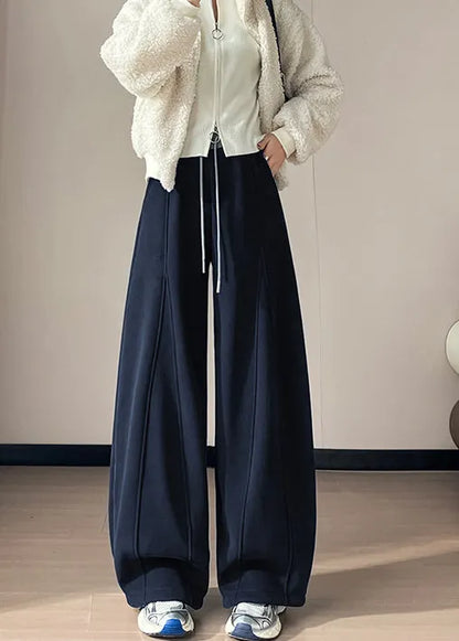 Navy Patchwork Warm Fleece Wide Leg Pants Oversized Winter