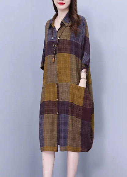 Peter Pan Collar Plaid Long Shirt Dress Summer