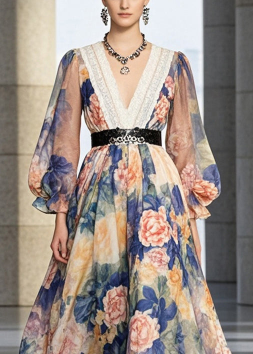 Cinched Flower Print Chiffon Holiday Dress Fall