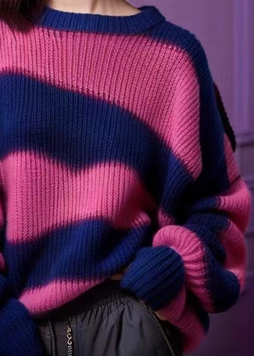 Purple O Neck Thick Patchwork Knit Sweater Winter